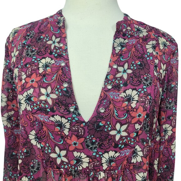 Hollister Floral Sheer Chiffon Boho Blouse Size Small Long Sleeve Peasant Top - Picture 2 of 8